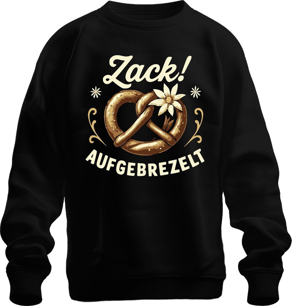 Zack Aufgebrezelt Brezel Tracht Edelweiß Wiesn Lustig Uni Sweatshirt Pullover, Schwarz, XXL