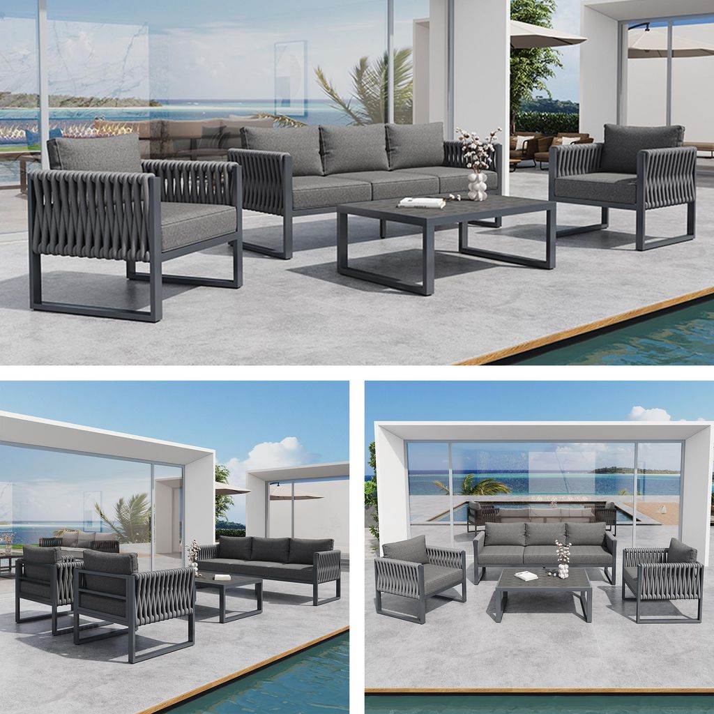 Gartenmöbel Set 5-Sitzer – Outdoor Sofa & Gartenlounge mit verstellbaren Füßen, Polstern & rostfreiem Metallgestell, für Balkon & Terrasse, Grau