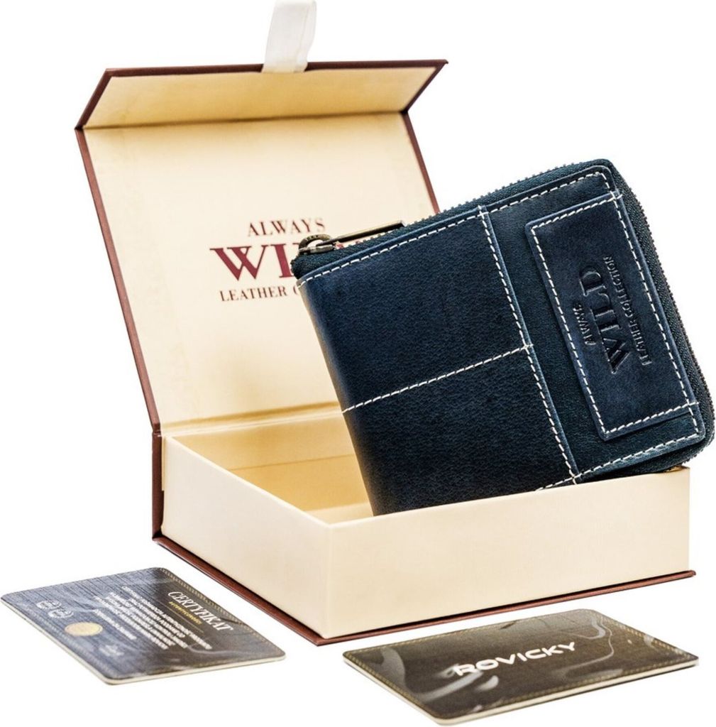 Always Wild | Herrengeldbörse, mit quadratischem Reißverschluss, aus Leder, im Retro-Look, RFID, Marine, 11x10 cm
