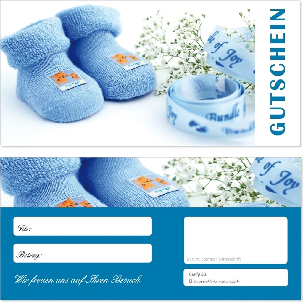 50 Stück Geschenkgutscheine (Schuhe-705) Gutscheine Gutscheinkarten für Bereiche wie Einzelhandel Mode Klamotten Shopping blaue Babysachen