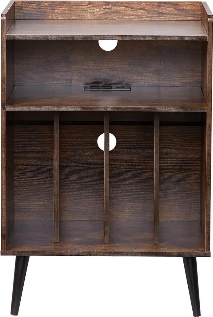 Support vinyle bois marron avec platine intégrée, ports USB et LED déco