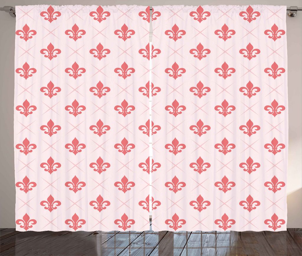 ABAKUHAUS Koralle Rustikaler Gardine, Kariertes Fleur De Lis, Schlafzimmer Kräuselband Vorhang mit Schlaufen und Haken, 280 x 225 cm, Baby Pink Ko...