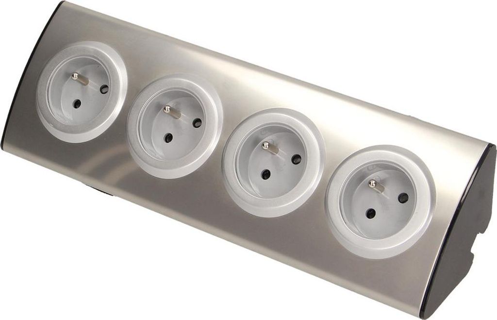 A silver power strip with four outlets, shown against a white background.