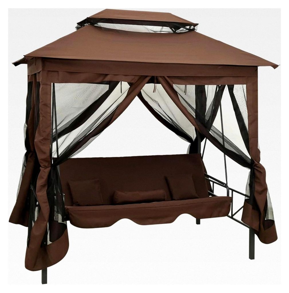 Pavillon Schaukelbank, umwandelbar in Bett mit Baldachin und Vorhängen, Größe 220x160x240cm, aus pulverbeschichtetem Stahl und Stoff, für Garte...