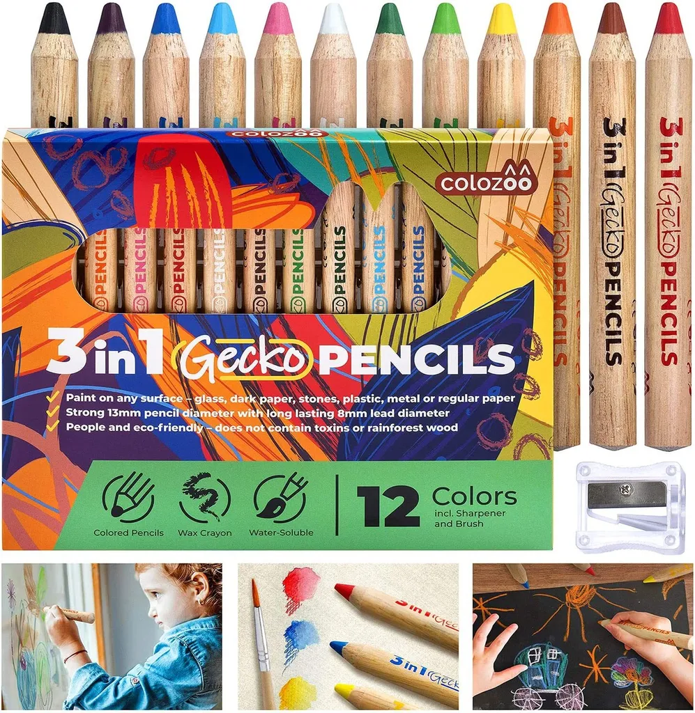 Colozoo Set de 12 Gros Crayons de Couleur 3 en 1 avec Pinceau Enfant