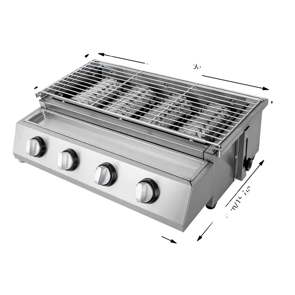 Barbecue à gaz sans fumée 4 brûleurs argenté avec hauteur réglable