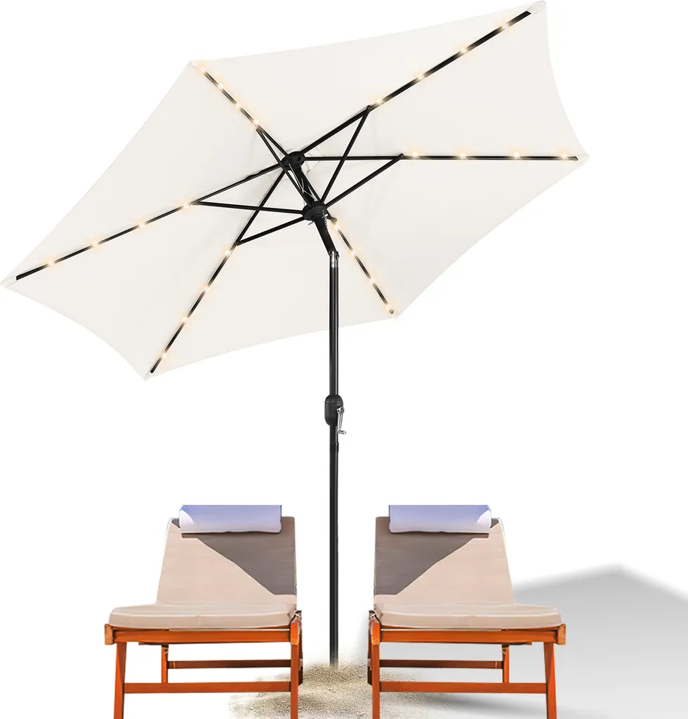 Ombrellone Clanmacy Ombrellone a braccio laterale 270 cm con LED solare, inclinabile di 30°, protezione UV, manovella - Beige - Ombrellone da giardino Ombrellone da mercato Ombrellone con manovella