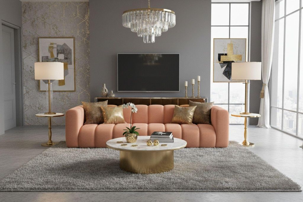 Kaiser Möbel Couch, Viersitzer-Sofa Grand, Veloursstoff Salvador, Rosa