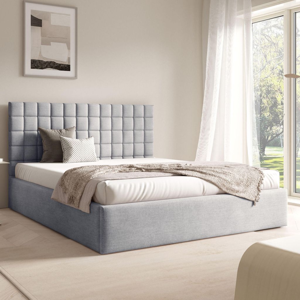 FURNISTAR Polster BEA III mit kasten| 140x200|Doppel mit Stauraum und Lattenrost|Boxspring-Optik|ohne Matratze|Schlafzimmer - Hellgrau