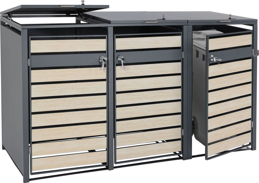 XL 3er/6er-Mülltonnenverkleidung HWC-J81, Mülltonnenbox, Metall 95kg anthrazit Buche-Holzoptik hellbraun