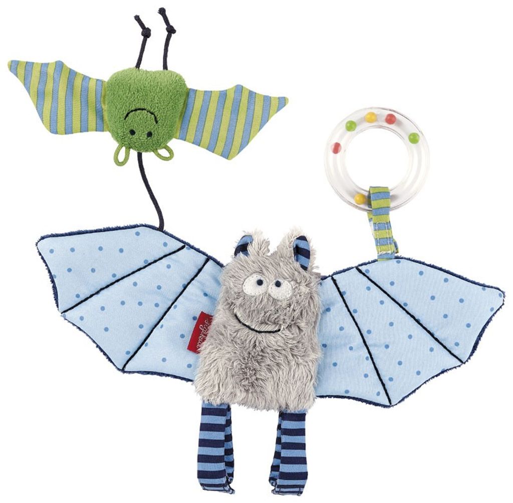 Two plush bat toys hanging against a white background. One is green with striped wings, and the other is gray with blue polka dot wings and striped legs. A clear rattle ring is attached to the gray bat.