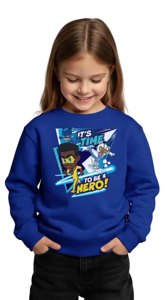 Spreadshirt PJ Masks It's Time To Be A Hero Mit Newton Star Kinder Premium Pullover, 158/164 (12 Jahre), Royalblau