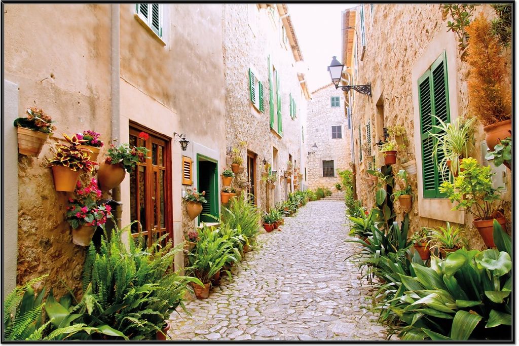Wallario Wandbild Südländische Gasse mit alten Häusern und grüner Oase, Größe: 61 x 91,50 cm, Poster mit schwarzem Aluminiumrahmen