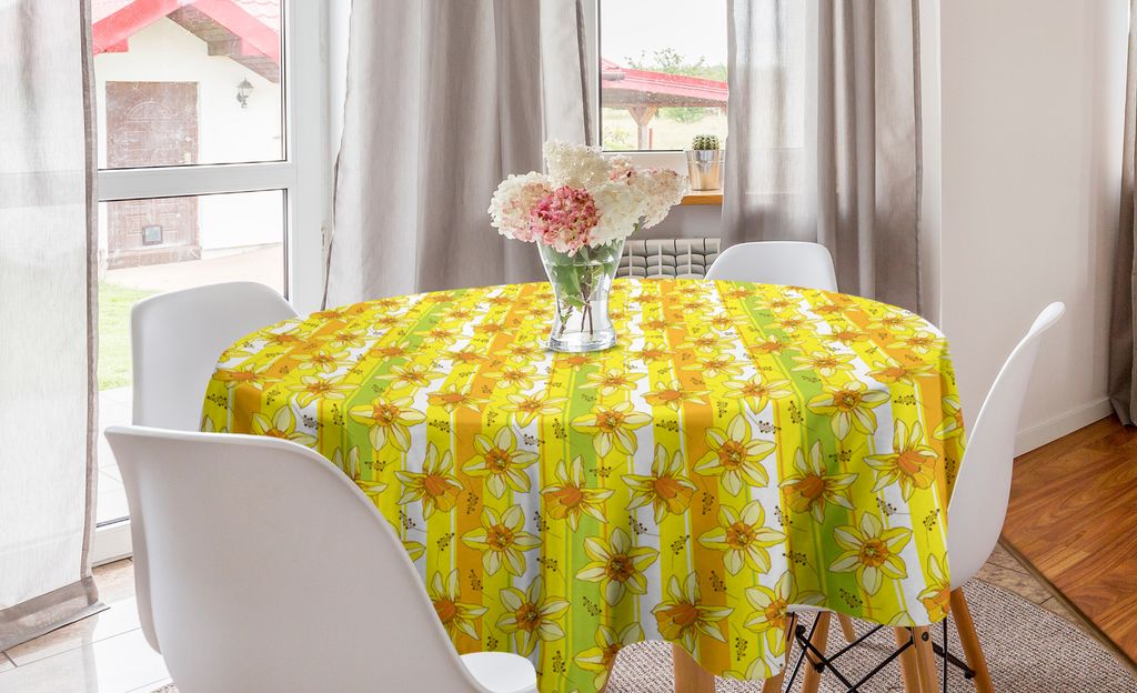 ABAKUHAUS Gelbe Blume Runde Tischdecke, Narcissus Blossom, Kreis Tischdecke Abdeckung für Esszimmer Küche Dekoration, 150 cm, Gelb Apfelgrün