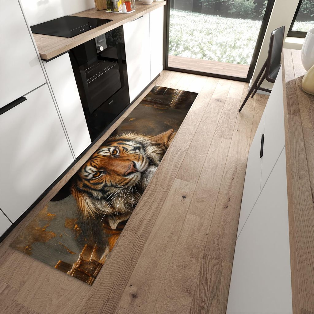 Küchenteppich 60x240cm rutschfest & abwischbar PVC Läufer - Tiger mit Zylinder