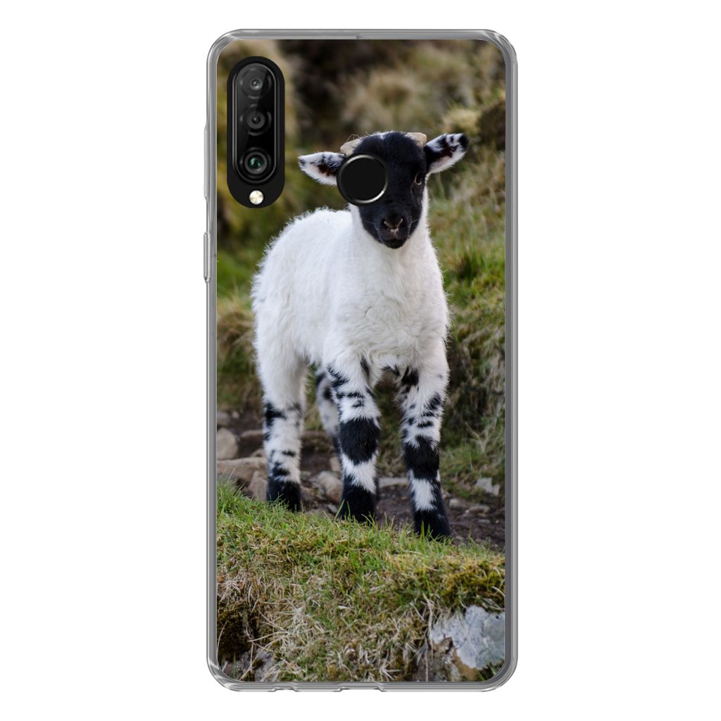 MuchoWow Handyhülle Schutzhülle Hülle für Huawei P30 Lite Lamm - Schwarz - Weiß - Tupfen Silikon Softcase Handy Hülle - Handyhülle