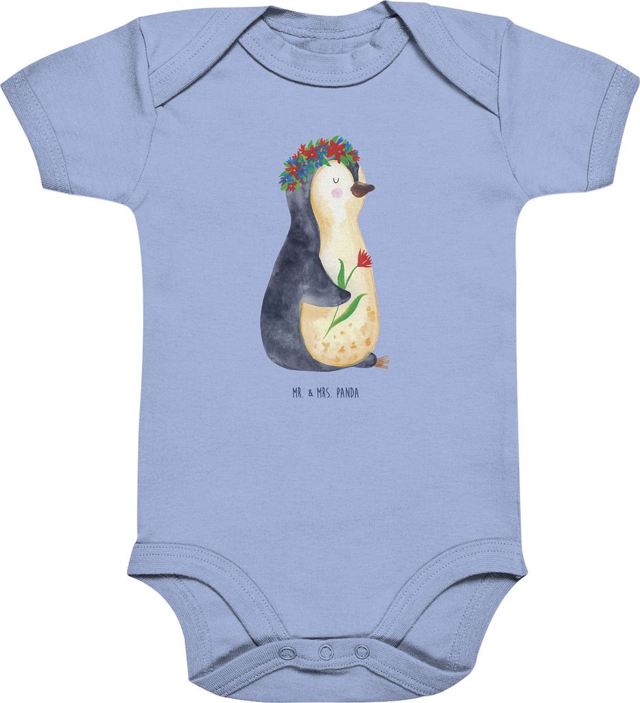 Mr. & Mrs. Panda Strampler Baby Pinguin Blumen 3. - 6. Monat - Dusty Blue - Geschenk, Blumenliebe, Lebenslust, overall, Babybody, strampelanzug, Wu...