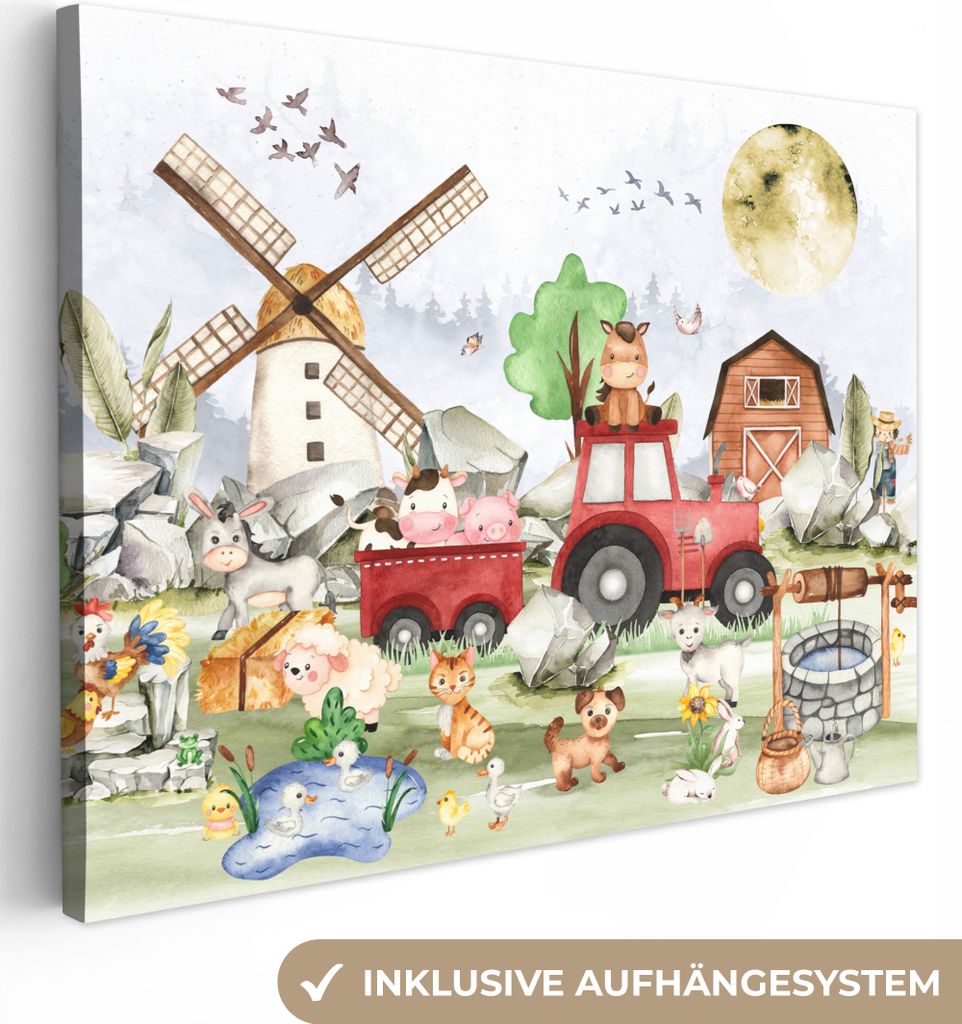 MuchoWow - Leinwandbilder - Bauernhof - Traktor - Kinder - Tiere, Wandbild, Wanddeko Bilder Wohnzimmer, 80x60 cm