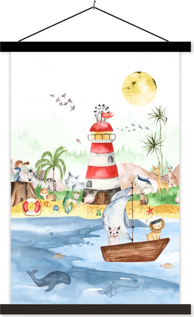 MuchoWow Textilposter Strand - Tiere - Kinder - Leuchtturm - Jungen 120x180 cm mit schwarzem Rahmen - Fotos