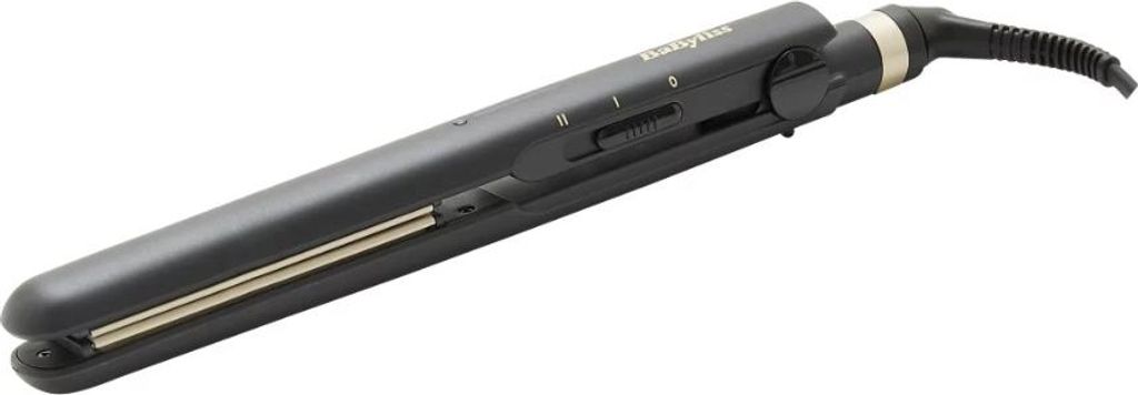 A black BaByliss hair straightener is shown against a white background.