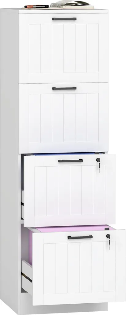 Caisson de bureau blanc 4 tiroirs avec serrure et dossiers suspendus