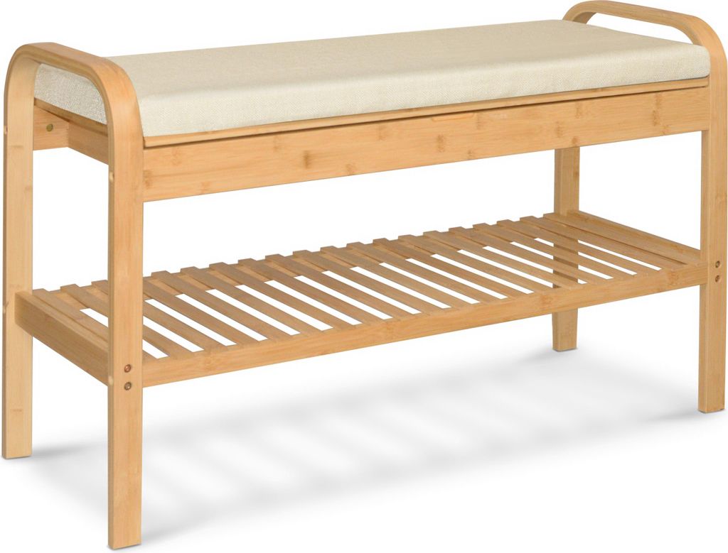 A shoe rack with a bench and a cushion.