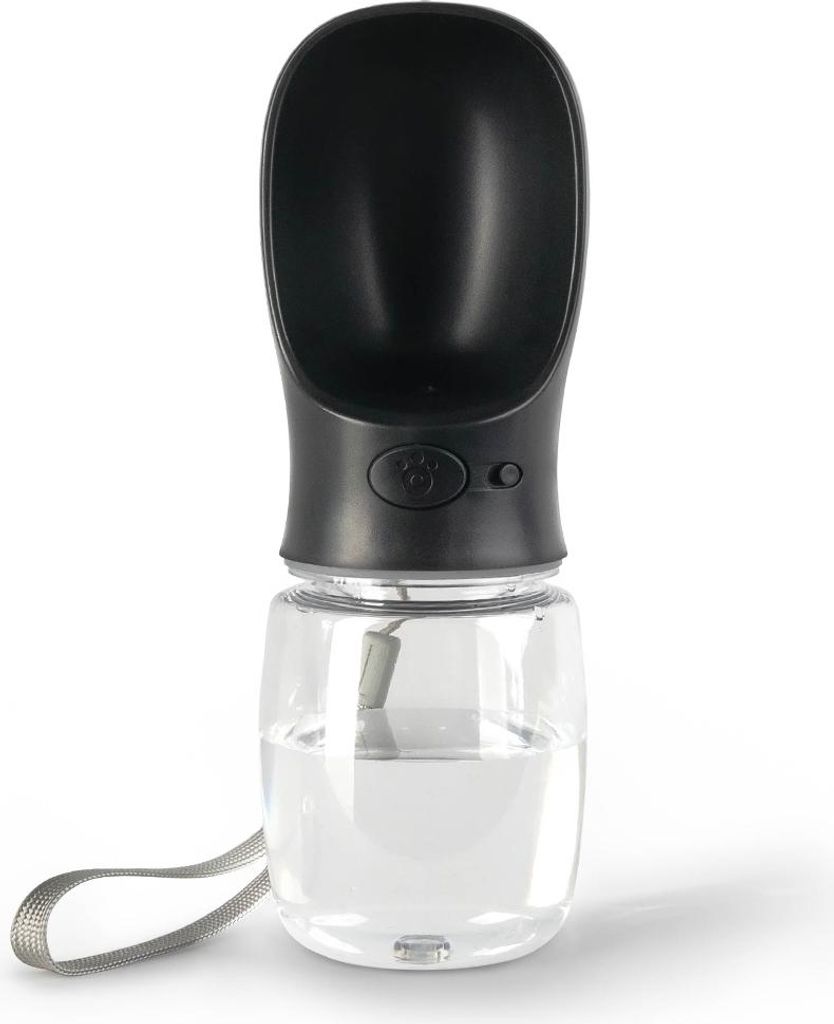 A black and clear portable dog water dispenser bottle with a grey strap, shown against a white background.