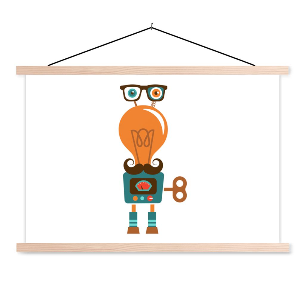 MuchoWow Textilposter Roboter - Brille - Schnauzbart - Kinder - Jungen 120x80 cm mit holzfarbenen Rahmen - Aufhängeset