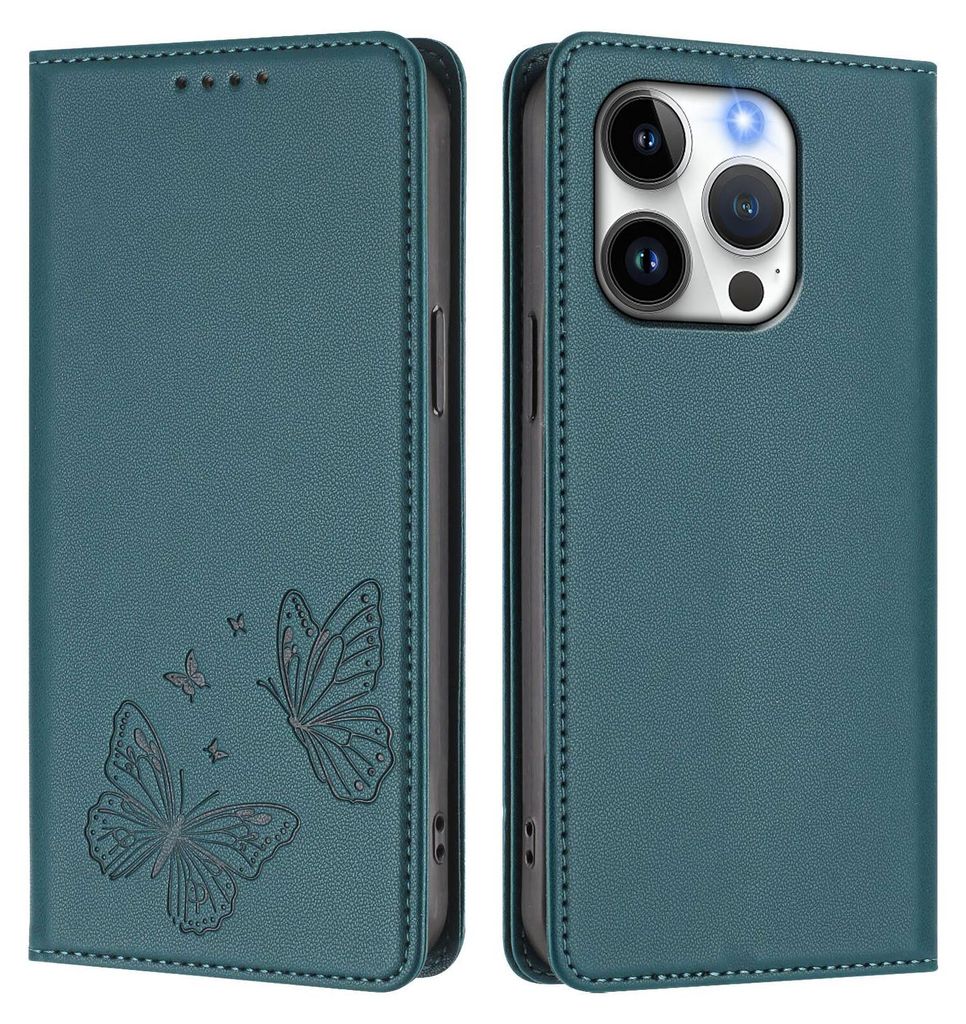 Lederhülle für iPhone 14 Pro, Schmetterling Prägung Leder Brieftasche Schutzhülle mit Ständer Grün