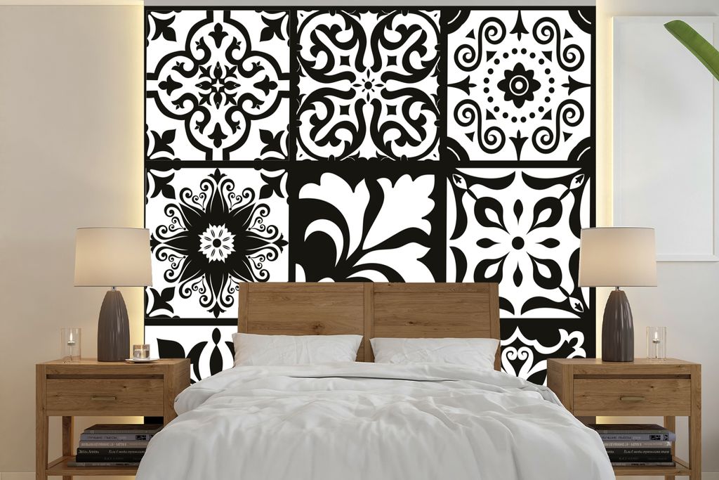 MuchoWow Fototapete für Wohnzimmer oder Schlafzimmer Wandtapete Vinyl Motivtapete Muster - Schwarz - Weiß - Blumen - Abstrakt - 240x240 cm - Sc...