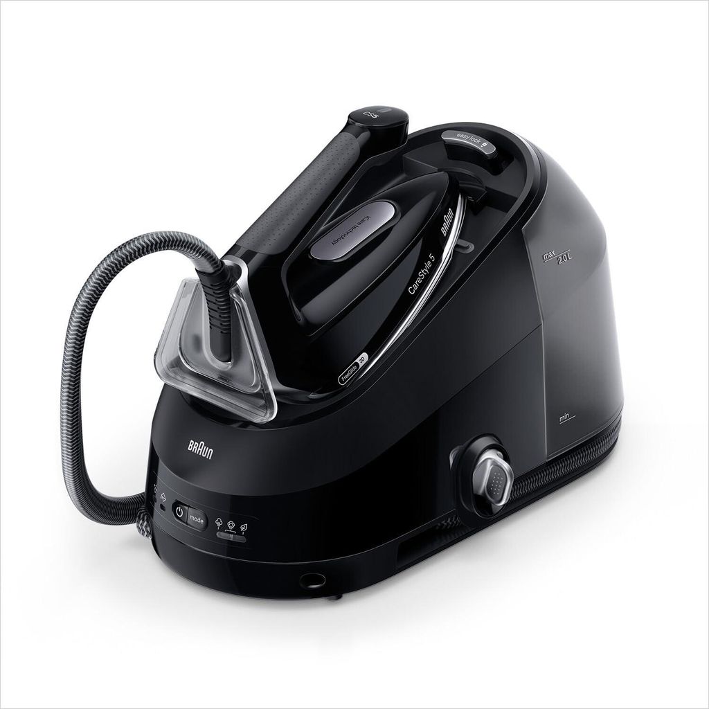 A black Braun CareStyle 5 steam iron and its base station are shown against a white background.