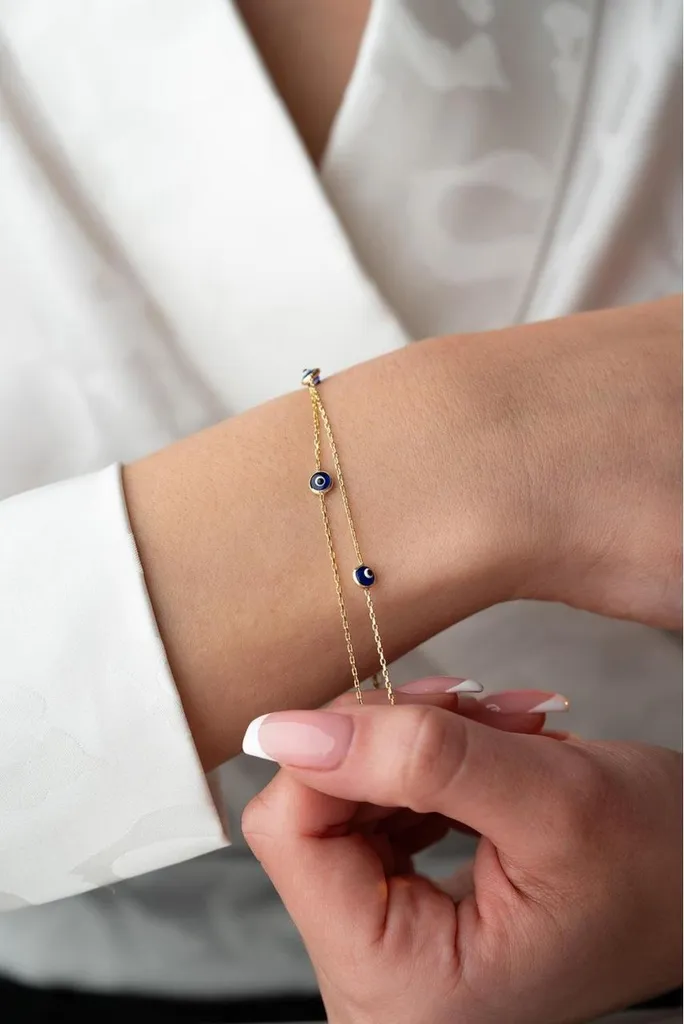 Bracelet Double Rang en Argent 925 Doré - Œil de Nazar Bleu Protecteur