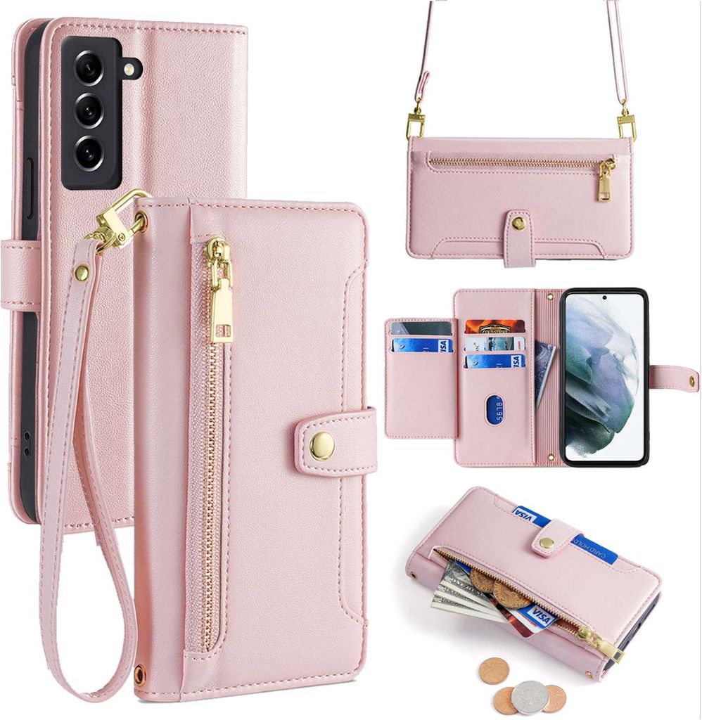 Handykette Samsung Hülle mit Band Handyhülle Kartenfächer Kunstleder Umhängetasche Galaxy S21 FE Rosa