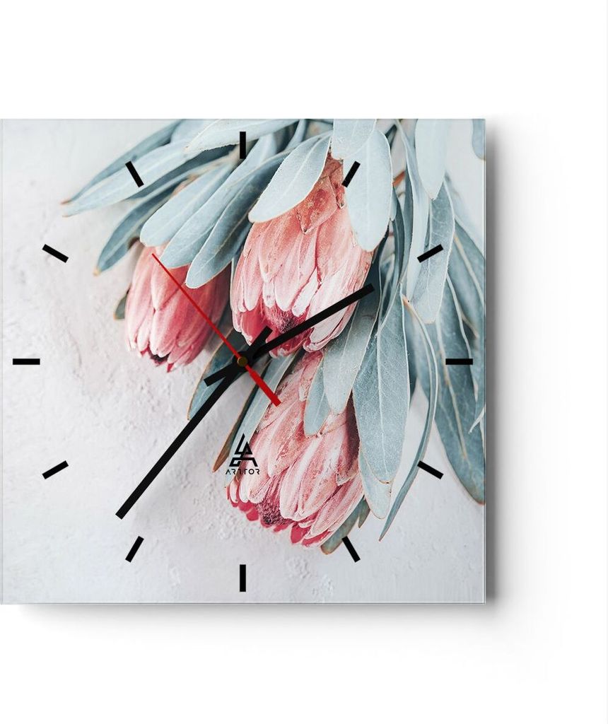 Wanduhr - Quadrat - Glasuhr - Blume Eukalyptus Australier - 40x40cm - Schleichendes Uhrwerk - Lautlos - zum Aufhängen bereit - Dekoration Modern -...