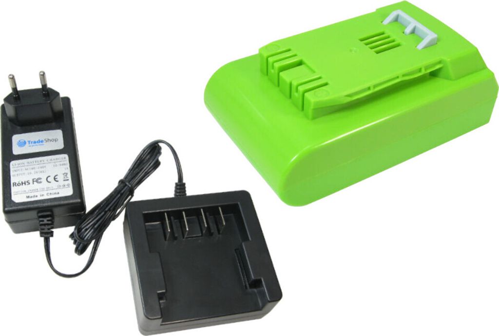 Trade-Shop 2in1 Set: Li-Ion Akku 24V 2000mAh + Ladegerät kompatibel mit Greenworks Rasentrimmer Heckenschere Kettensäge Hochentaster Laubgebläse