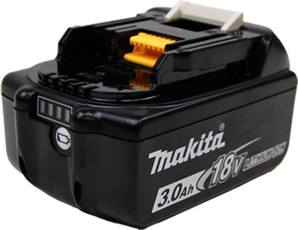 A black Makita 18V 3.0Ah Li-Ion battery pack is shown against a white background.