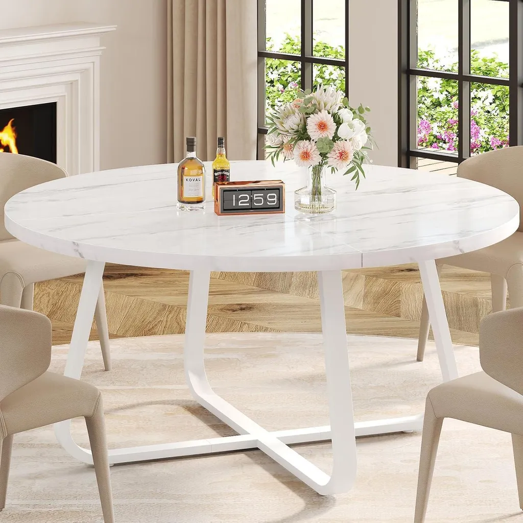Table de salle à manger ronde 130 cm en marbre blanc pour 6 personnes