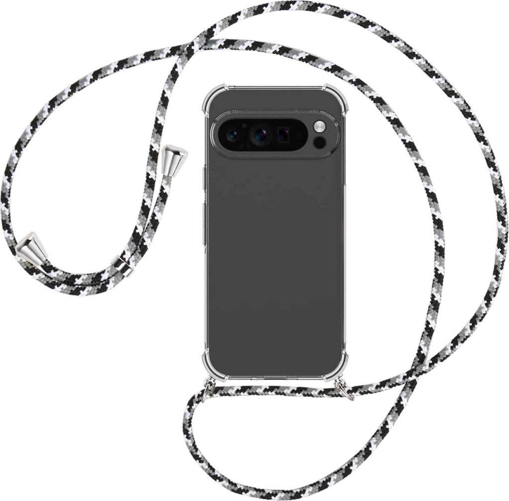 Handykette Backcover-Schutzhülle mit Band (Metall silberfarben) für Google Pixel 9 Pro - schwarz/grau/weiß