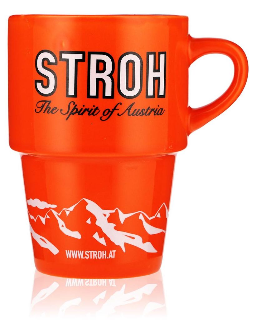 Stroh Rum Glas Keramik-Tasse Kaffeebecher Orange "Add a little STROH!"