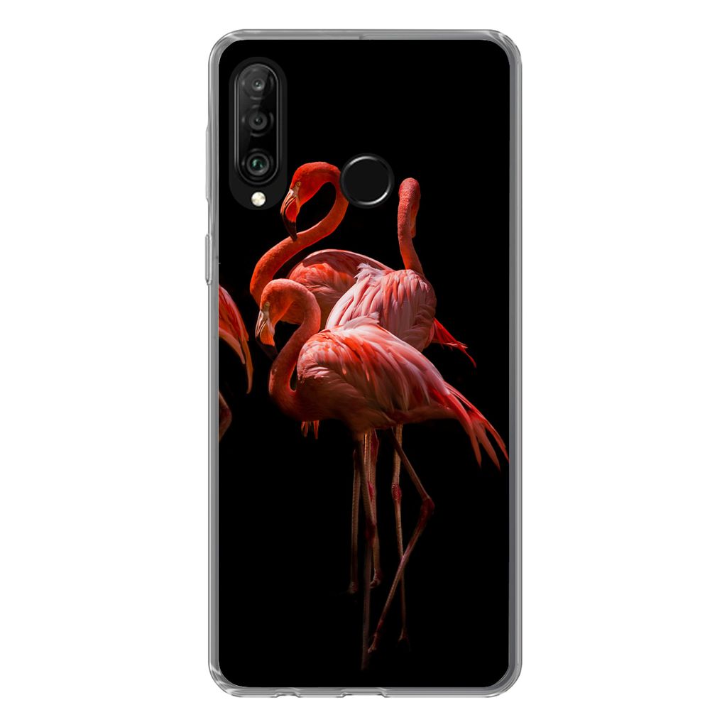 MuchoWow Handyhülle Schutzhülle Hülle für Huawei P30 Lite Flamingos - Vögel - Federn - Schwarz Silikon Softcase Handy Hülle - Handyhülle