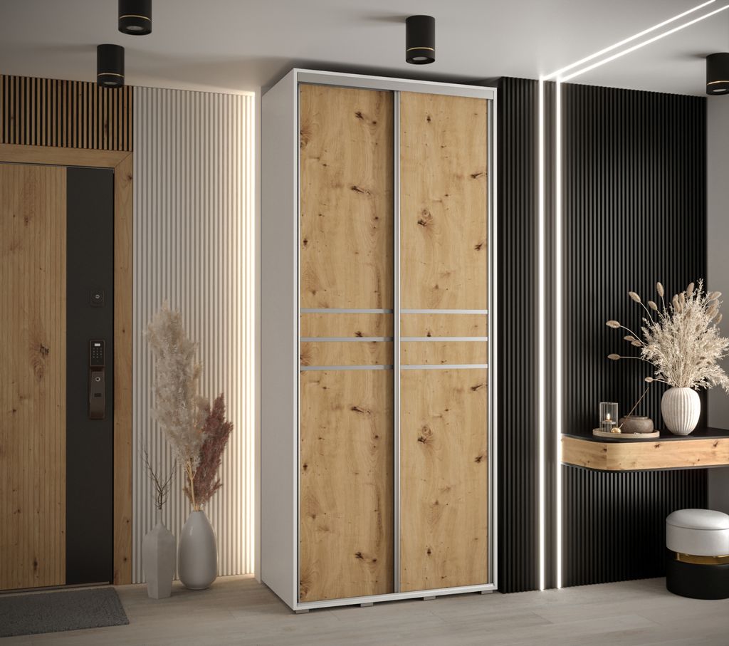 Kleiderschrank ASIRI 10 - 120/45 cm, Weiß / Artisan-Eiche / Silber