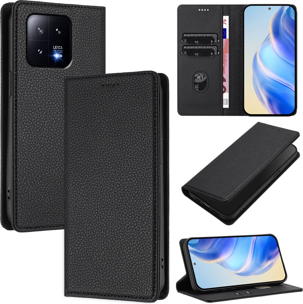 Litchi Leder Handyhülle für Xiaomi 13 Wallet Kartenfächer Standfunktion Hülle Schwarz