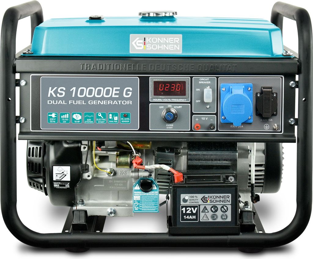 A close-up front view of a portable generator.