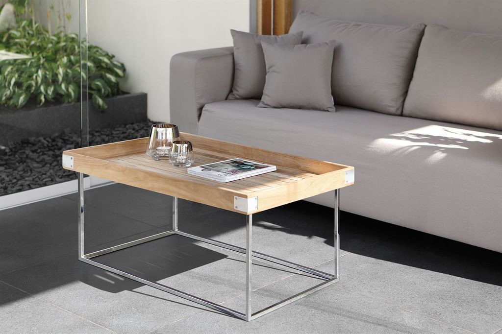 Fink Teaktisch Diego natur, silberfarben Edelstahl , Teakholz Höhe 62 cm