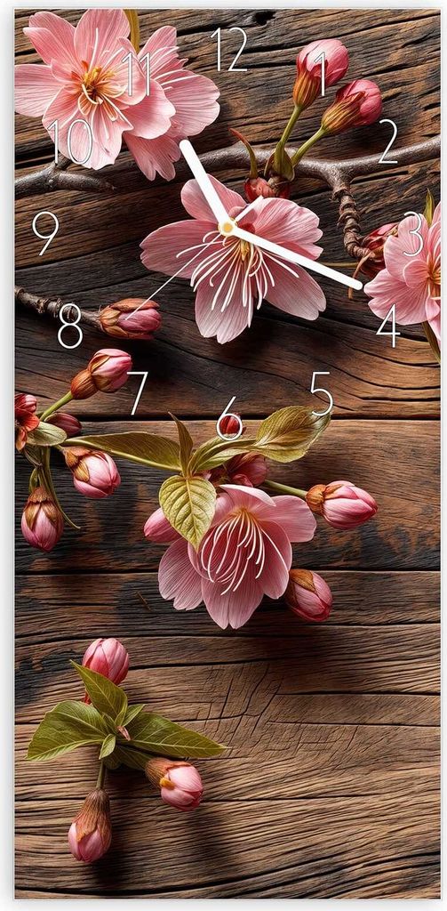 Wanduhr aus Glas mit Motiv Holzblüten- 30 x 60 cm - inkl. Aufhängesystem