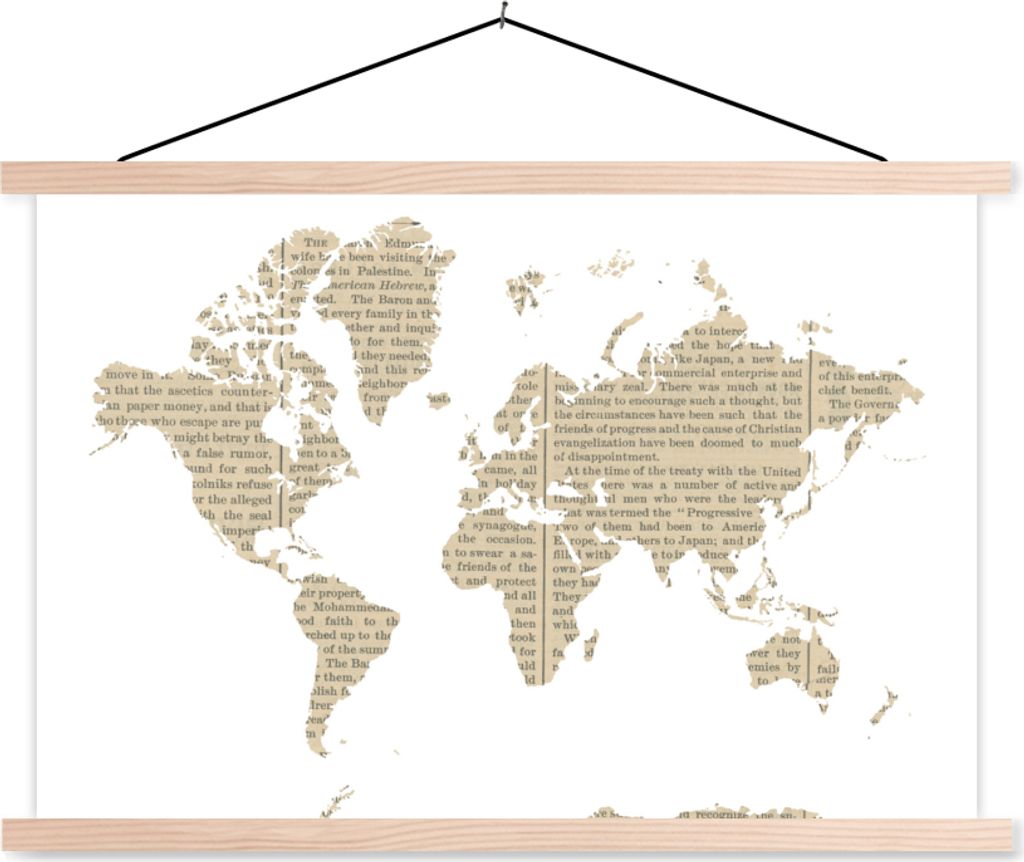 MuchoWow Textilposter Weltkarte - weiß - Zeitungspapier 60x40 cm mit holzfarbenen Rahmen - Bilder