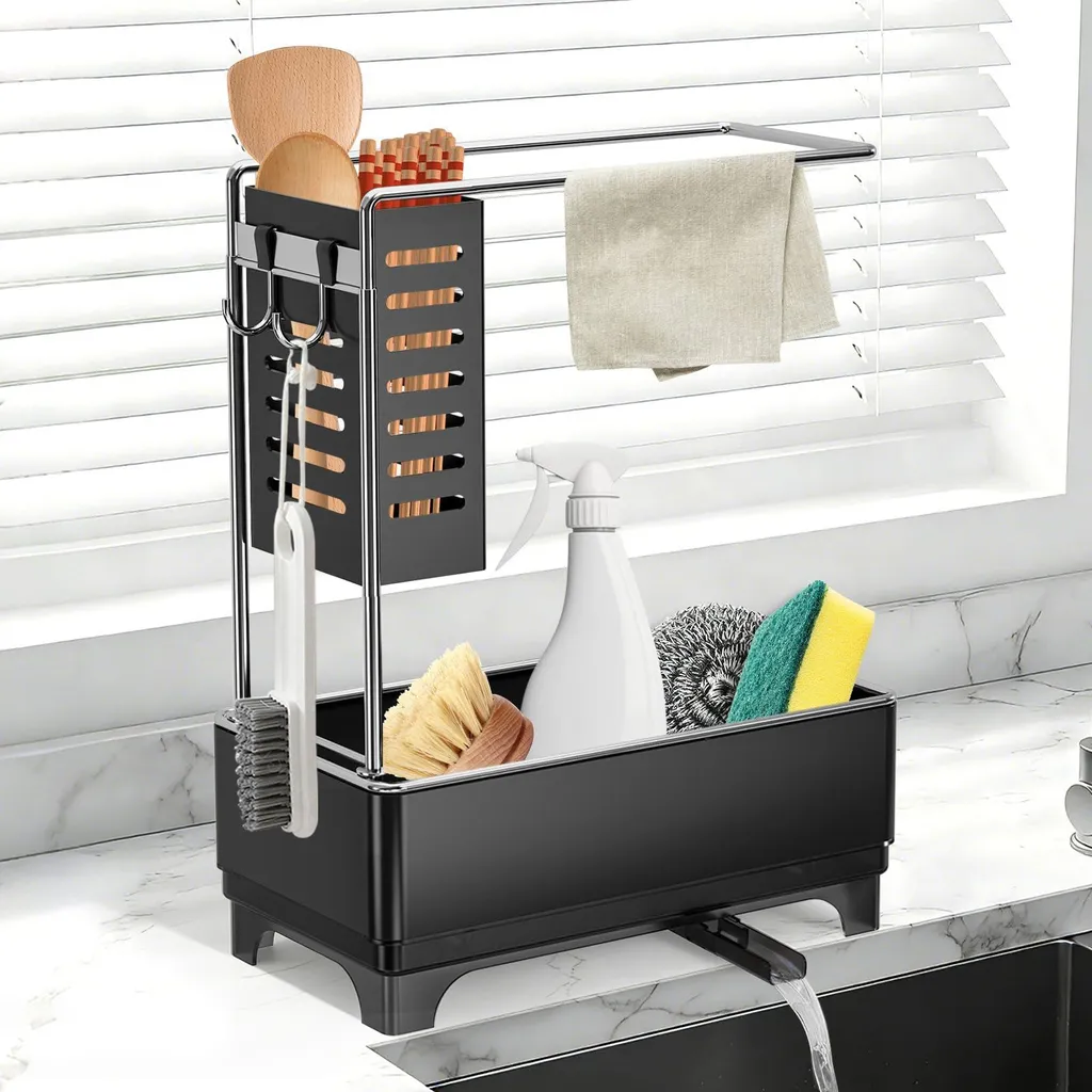 Rangement plan de travail cuisine inox noir pour éponges et torchons propre
