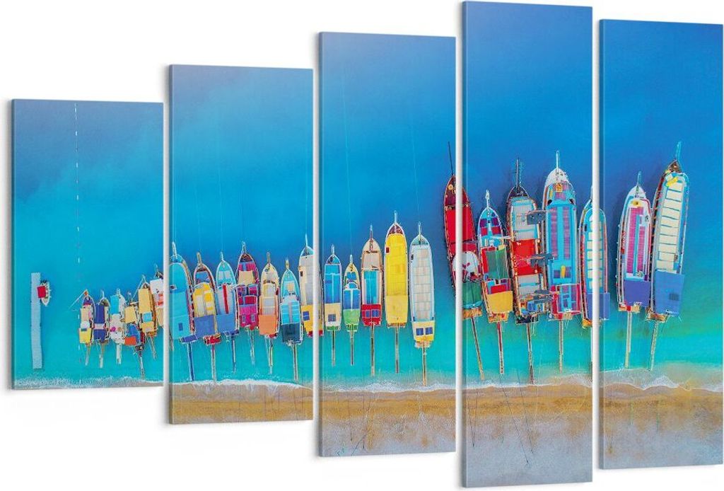 Bild auf Leinwand - Leinwandbild - 5 Teile - Schiffe Strand Perspektive - 150x100cm - Wand Bild - Wanddeko - Wandbilder - Leinwanddruck - Bilder - ...