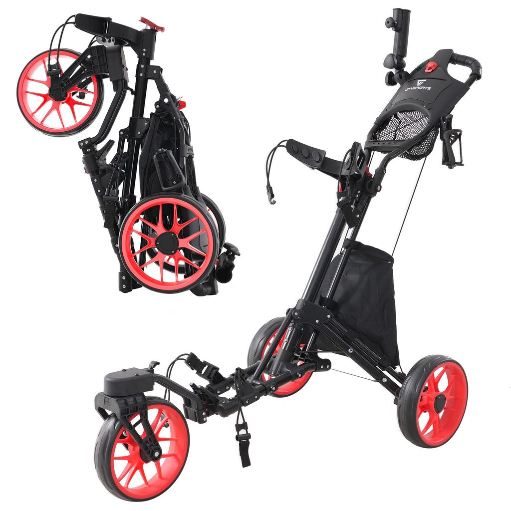 Golftrolley 3 Rad Golftrolley, Golfwagen klappbar, Golfcaddy mit Schirmhalter Golfcaddy Golf Push Cart aus Aluminum, Erhältlich in Schwarz/Grün/Rot