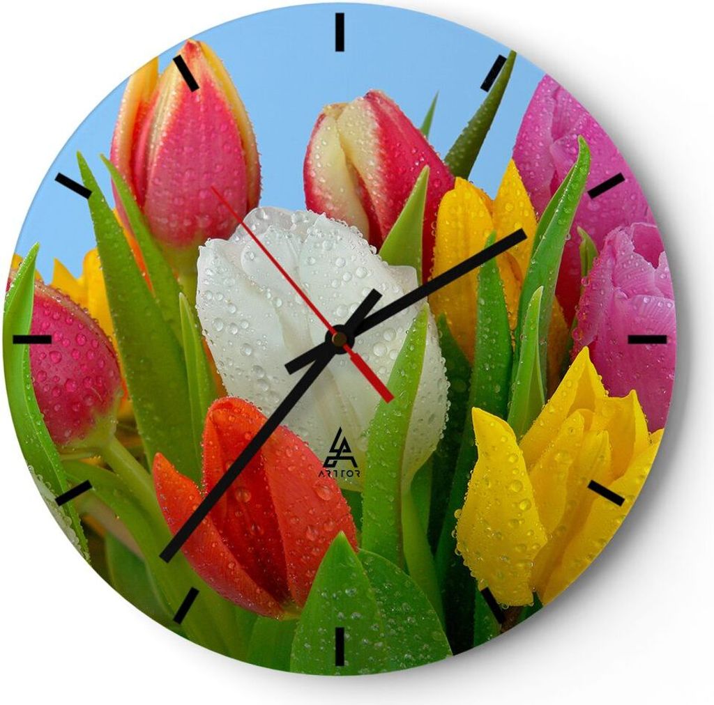 Wanduhr - Rund - Glasuhr - Tulpen Blumenstrauß Blumen Tau - Produktbild 